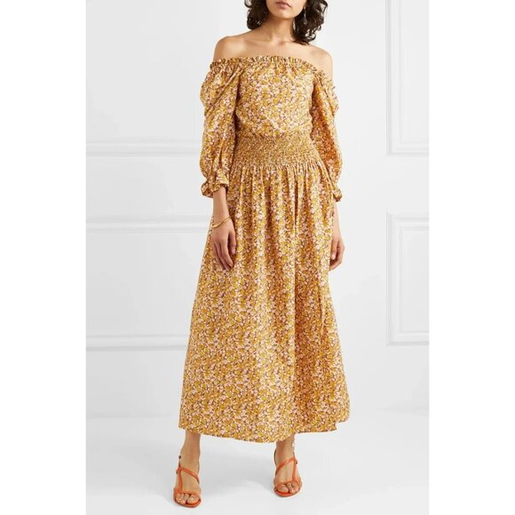 RIXO Lilly Yellow Orange Floral Puff Sleeve Maxi Dress NWT $480, Size M